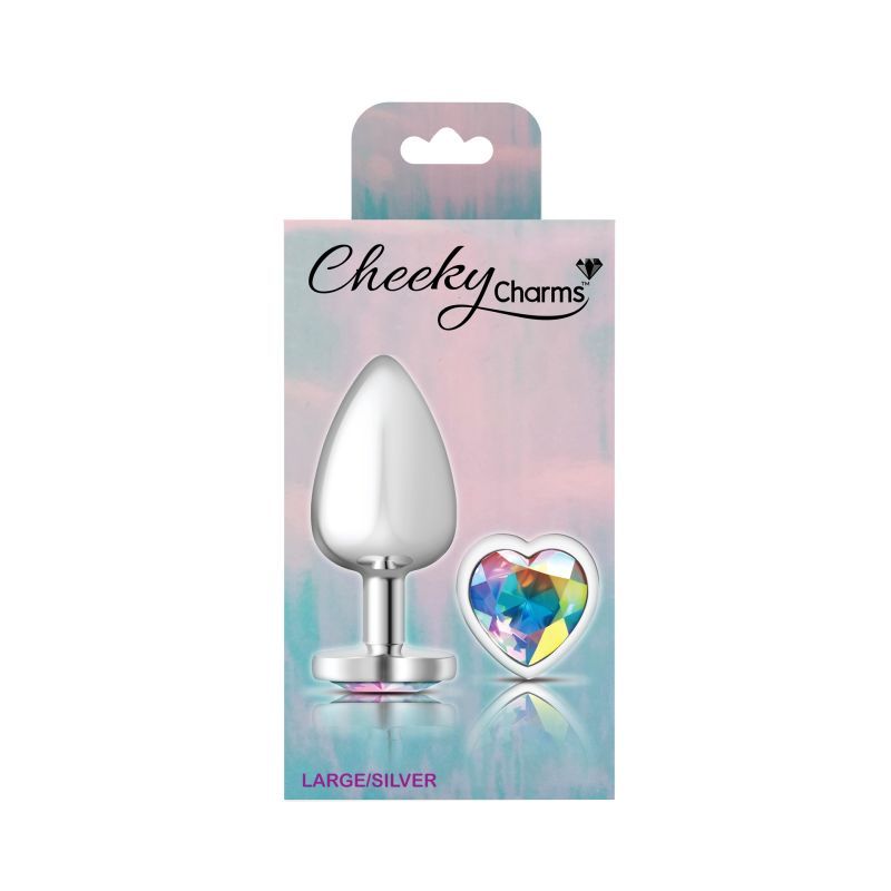 Cheeky Charms Silver Metal  Butt Plug w Heart Clear Jewel Large-VB-CC9128-L