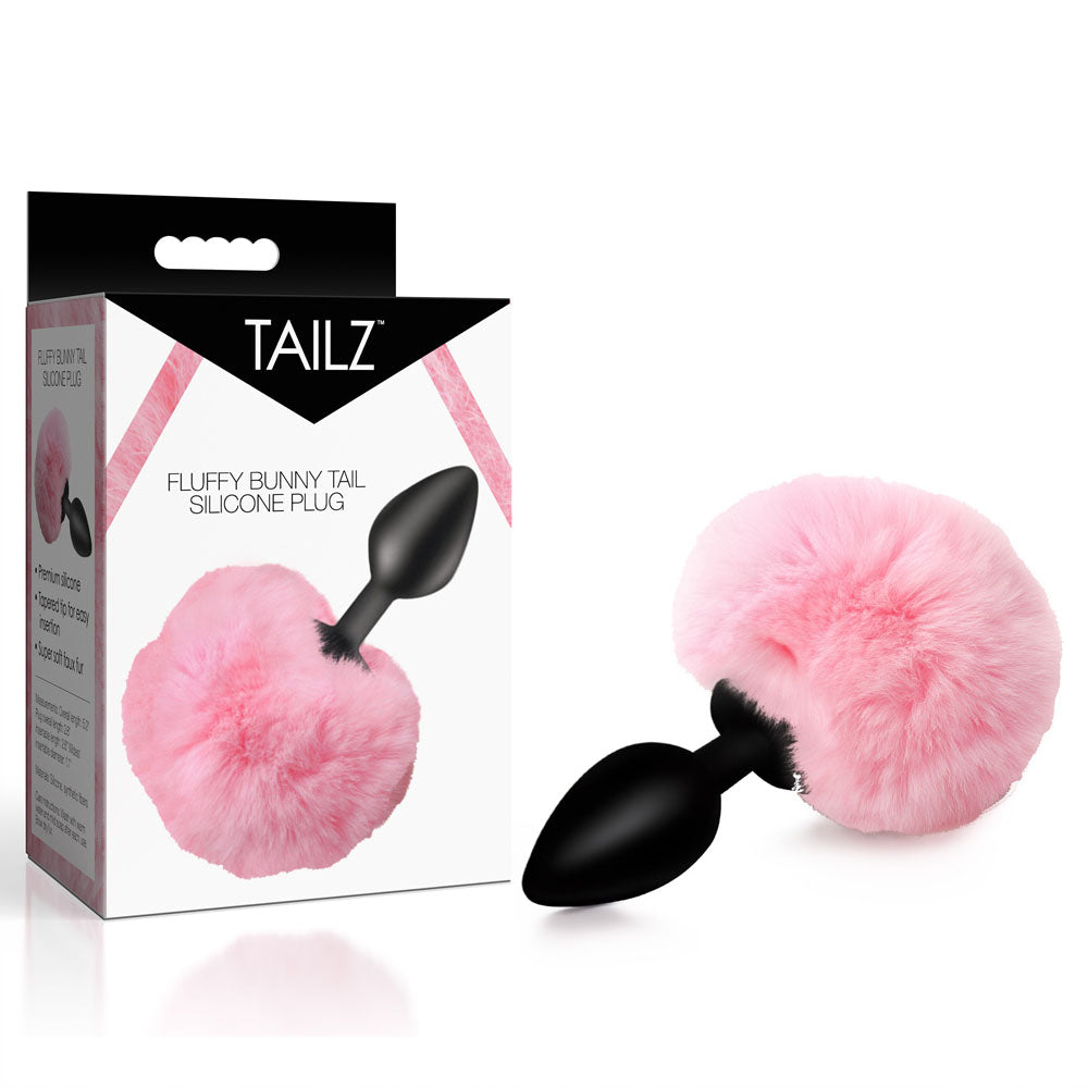 Tailz Fluffy Bunny Tail Silicone Plug - Pink - Black Butt Plug with Pink Bunny Tail
