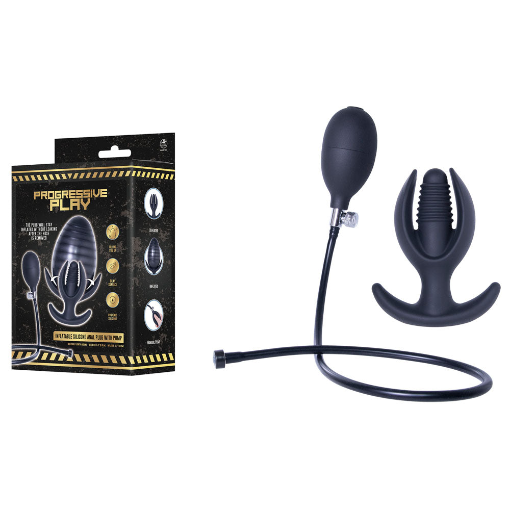 Progressive Play - Inflatable Silicone Anal Plug with Pump - Black 17 cm Inflatable Butt Plug