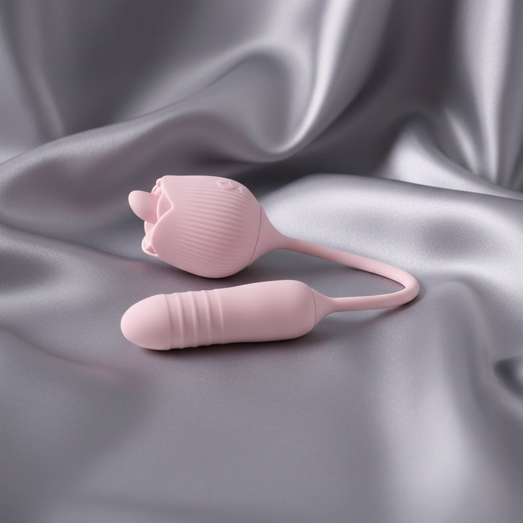 Adam & Eve THRUST & TICKLE Rose Vibrator - Pink USB Rechargeable Flickering Rose Stimulator with Thrusting Bullet