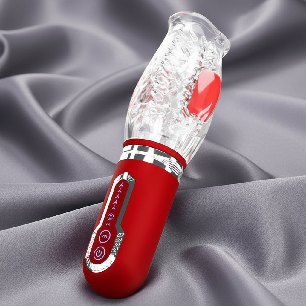 Adam & Eve PLEASURE PRO 3000 - Clear/Red USB Rechargeable Thrusting & Rotating Auto Stroker