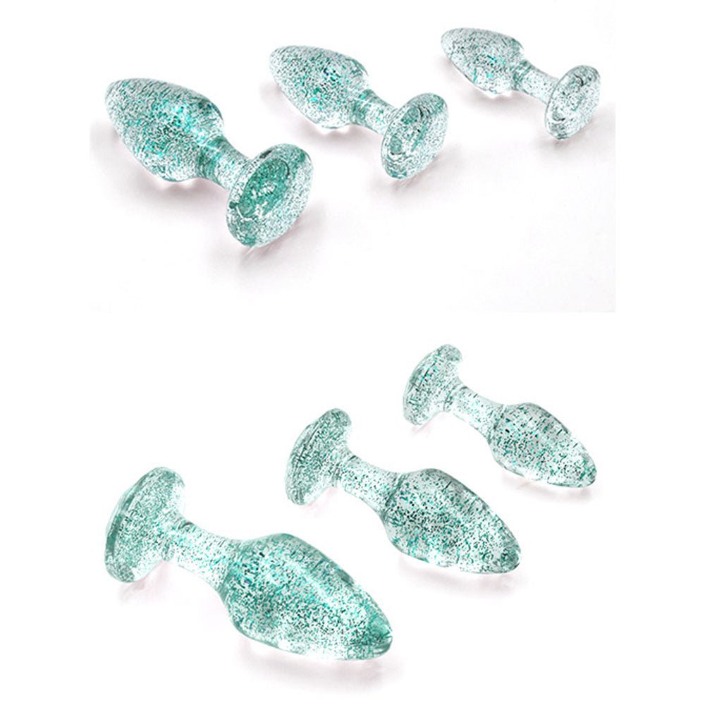 Adam & Eve Glitter Gem 3-Piece Butt Plug Set - Blue - Glitter Blue Butt Plugs - Set of 3 Sizes - Silk and Sin
