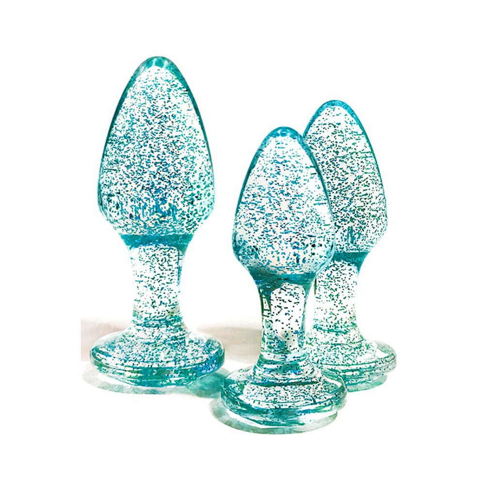 Adam & Eve Glitter Gem 3-Piece Butt Plug Set - Blue - Glitter Blue Butt Plugs - Set of 3 Sizes - Silk and Sin