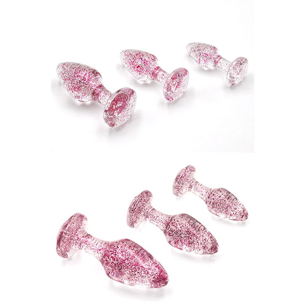 Adam & Eve Glitter Gem 3-Piece Butt Plug Set - Pink - Glitter Pink Butt Plugs - Set of 3 Sizes - Silk and Sin