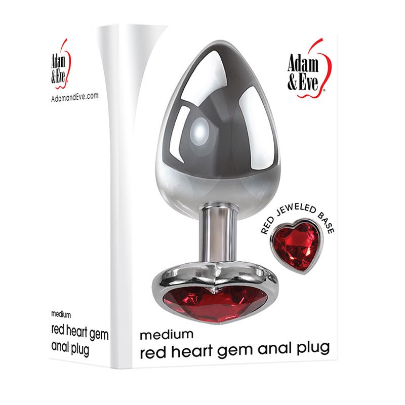 Adam & Eve Red Heart Gen Anal Plug - Medium - Metallic 8.25 cm Butt Plug with Heart Gem Base - silkandsin