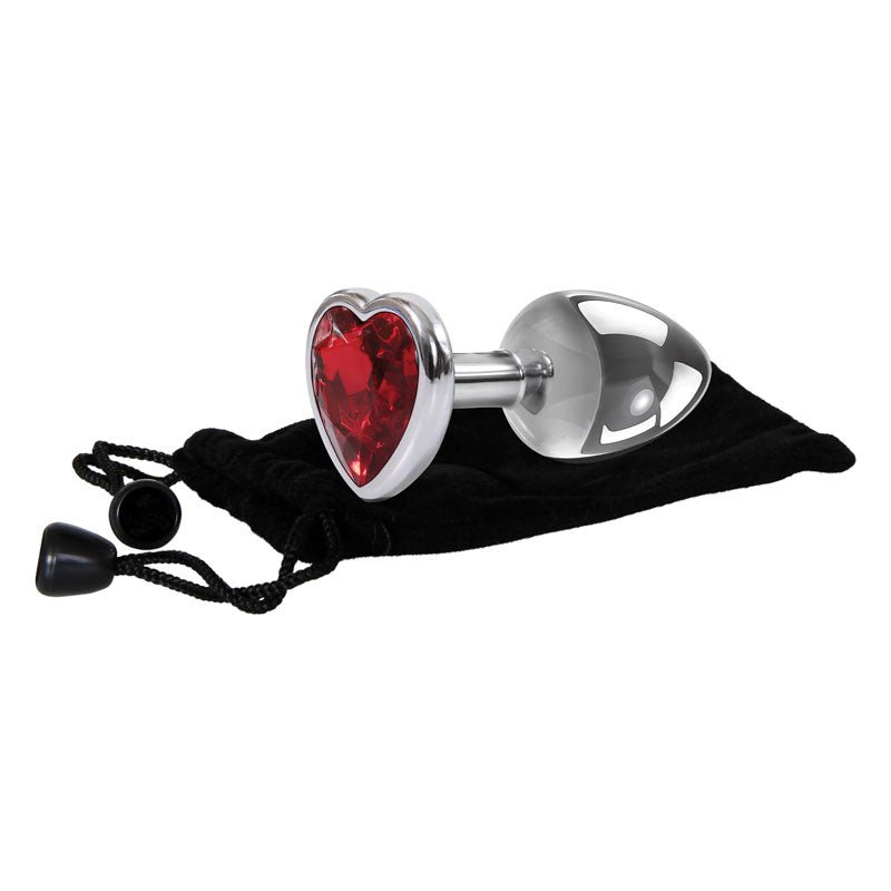 Adam & Eve Red Heart Gen Anal Plug - Small - Metallic 7.1 cm Butt Plug with Heart Gem Base - Silk and Sin