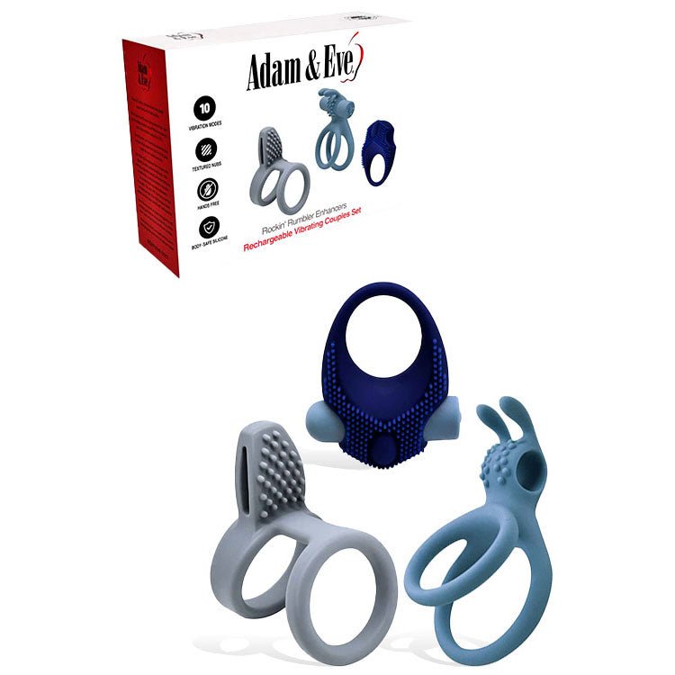 Adam & Eve ROCKIN RUMBLER ENHANCERS - Silicone Cock Rings with Rechargeable Vibrating Bullet - Set of 3 - silkandsin