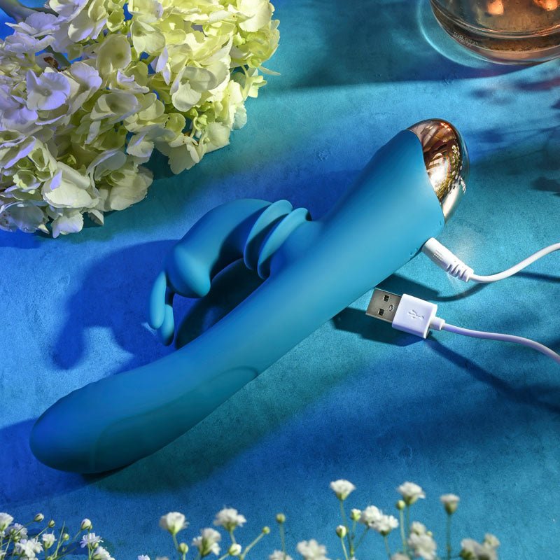 Adam & Eve SHIMMY & SHAKE VELVET RABBIT - Blue 22.4 cm USB Rechargeable Rabbit Vibrator - Silk and Sin