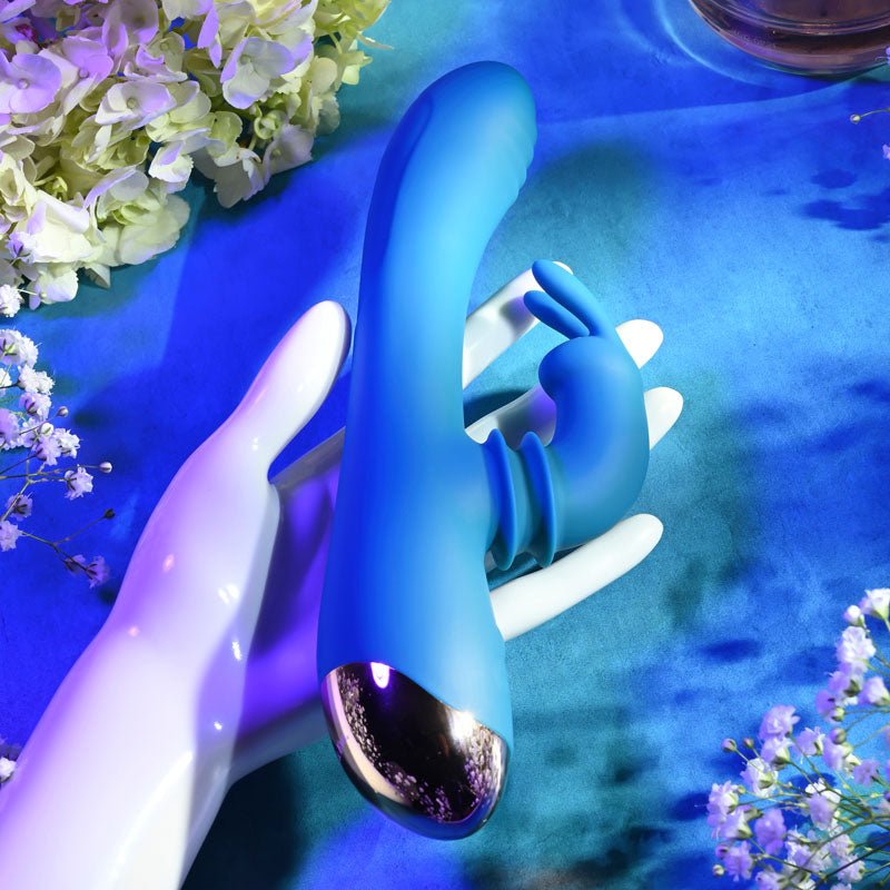 Adam & Eve SHIMMY & SHAKE VELVET RABBIT - Blue 22.4 cm USB Rechargeable Rabbit Vibrator - Silk and Sin