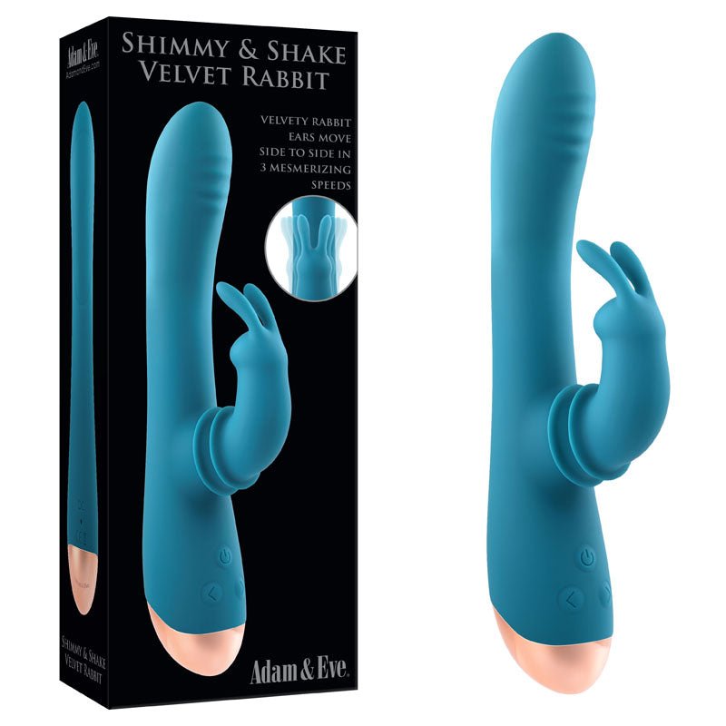 Adam & Eve SHIMMY & SHAKE VELVET RABBIT - Blue 22.4 cm USB Rechargeable Rabbit Vibrator - Silk and Sin