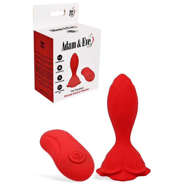 Adam & Eve THE ROSEBUD - Red 10.2 cm USB Rechargeable Vibrating Butt Plug with Remote - Silk and Sin