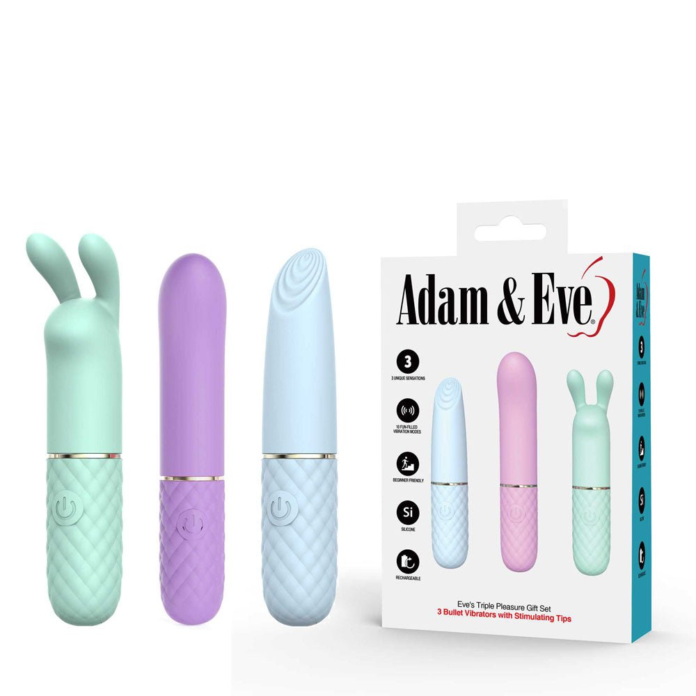 Adam & Eve TRIPLE PLEASURES - Coloured USB Rechargeable Vibrators - Set of 3 - Silk and Sin