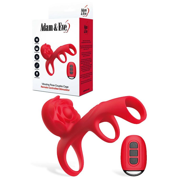 Adam & Eve VIBRATING ROSE COUPLES CAGE - Red USB Rechargeable Vibrating Penis Cage with Wireless Remote - silkandsin