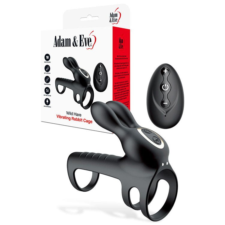 Adam & Eve WILD HARE - Black USB Rechargeable Vibrating Penis Cage with Wireless Remote - silkandsin