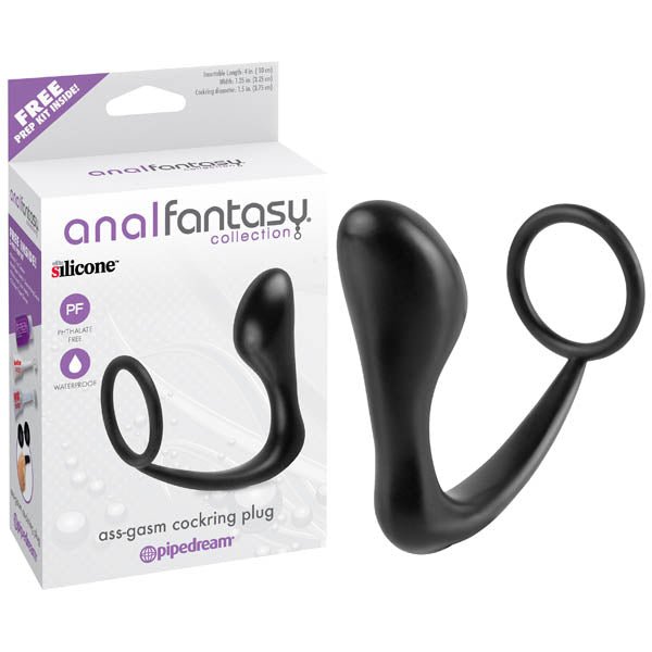 Anal Fantasy Collection Ass - gasm Cock Ring Plug - Black 10 cm (4'') Prostate Massager with Cock Ring - silkandsin