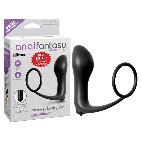 Anal Fantasy Collection Ass - gasm Cockring Plug - Black Vibrating Butt Plug with Cock Ring - silkandsin
