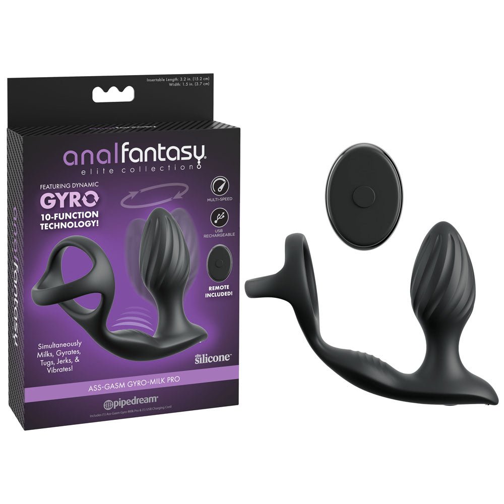 Anal Fantasy Elite Ass - Gasm Gyro - Milk Pro - Black USB Rechargeable Gyrating Butt Plug with Cock Ring - silkandsin