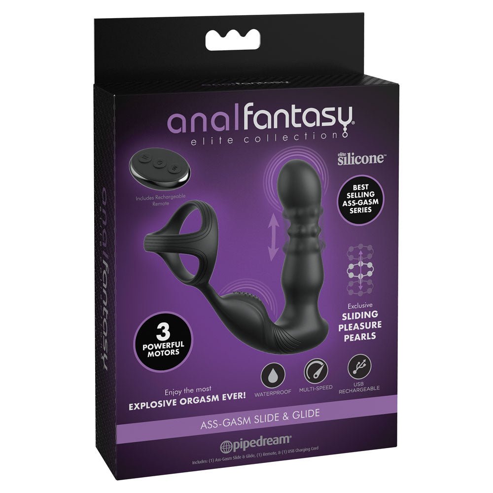 Anal Fantasy Elite Ass - Gasm Slide & Glide - Black USB Rechargeable Prostate Massage with Cock Ring - silkandsin