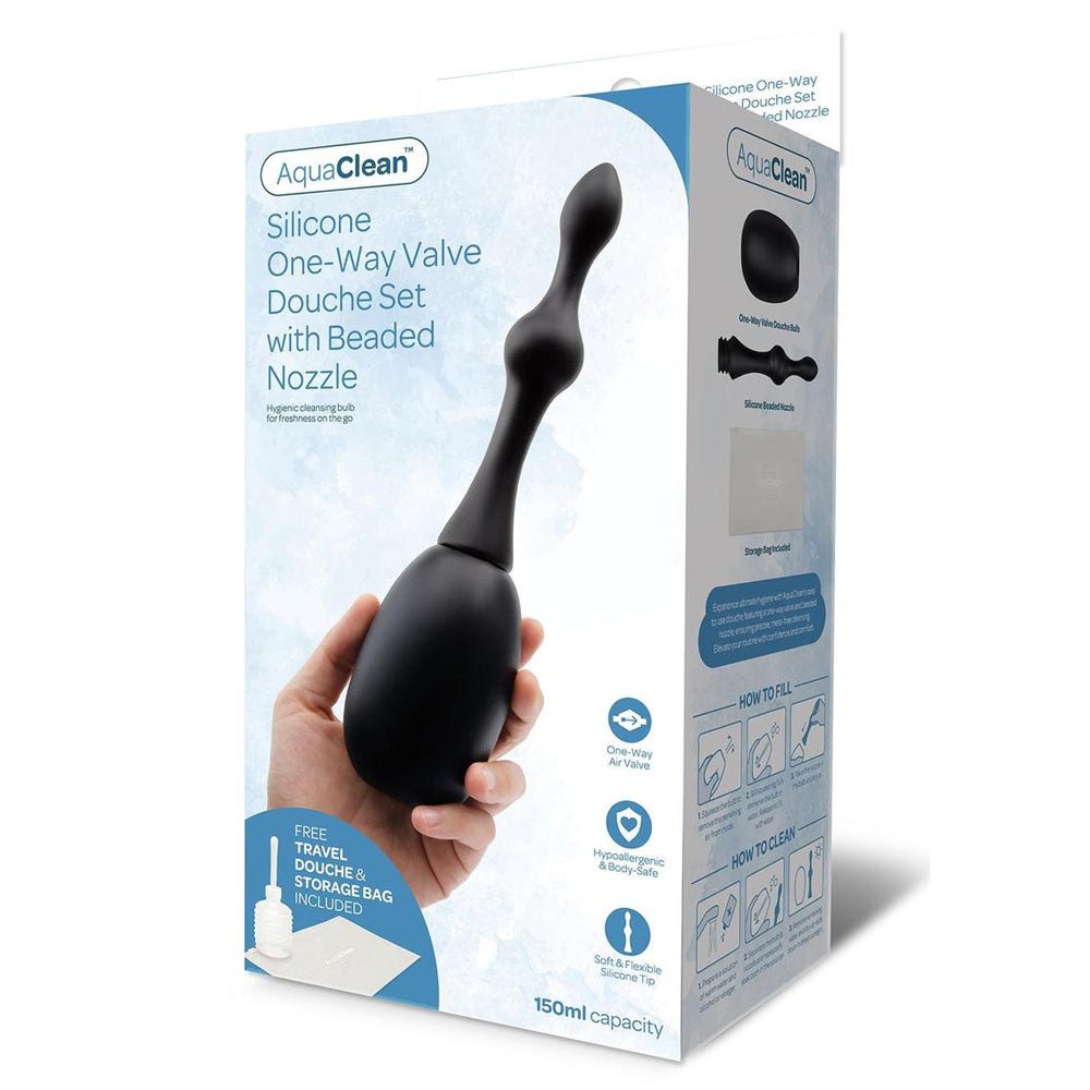 AquaClean Silicone 1-Way Valve Douche Set with Beaded Nozzle - 150 ml Capacity with Free Travel Douche Included - Silk and Sin