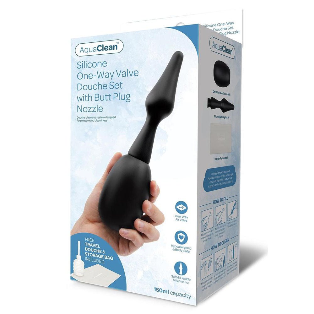 AquaClean Silicone 1-Way Valve Douche Set with Butt Plug Nozzle - 150 ml Capacity with Free Travel Douche Included - Silk and Sin