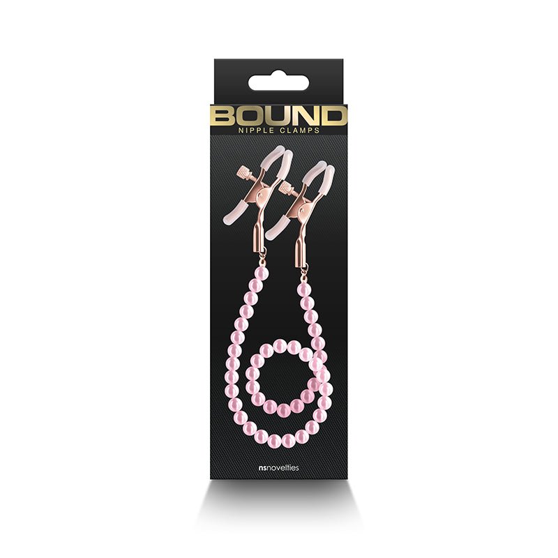 Bound Nipple Clamps - DC1 - Pink - Gold Nipple Clamps with Pink Pearl Chain - Silk and Sin