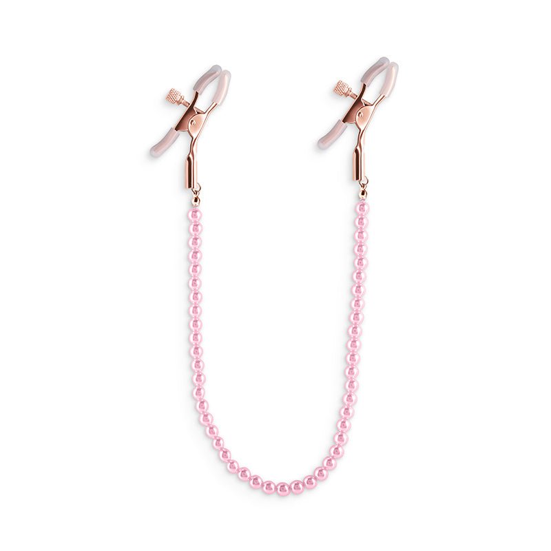 Bound Nipple Clamps - DC1 - Pink - Gold Nipple Clamps with Pink Pearl Chain - Silk and Sin