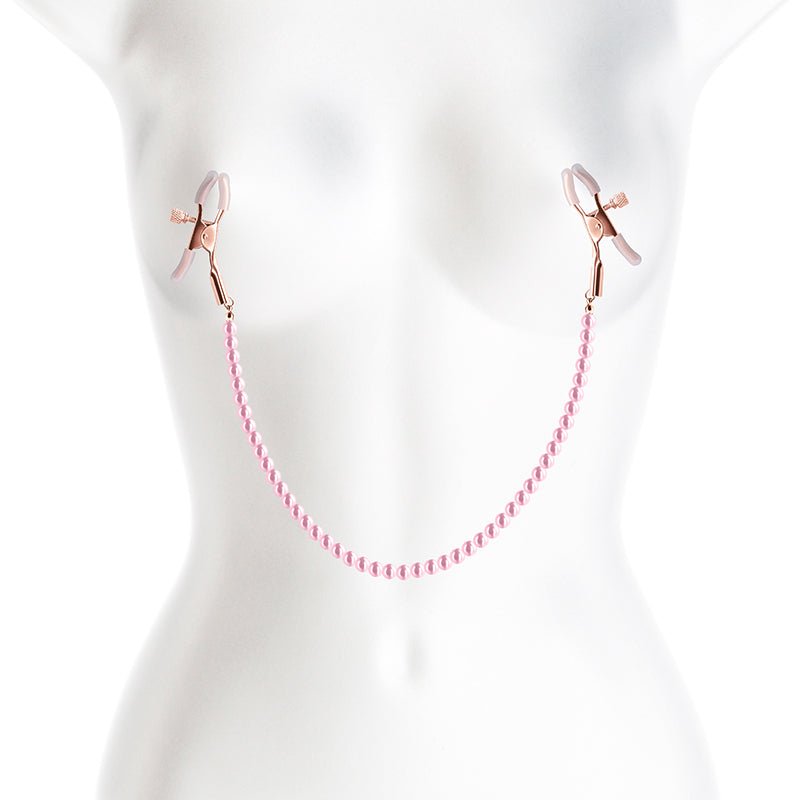 Bound Nipple Clamps - DC1 - Pink - Gold Nipple Clamps with Pink Pearl Chain - Silk and Sin