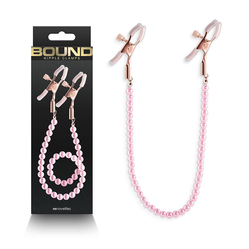 Bound Nipple Clamps - DC1 - Pink - Gold Nipple Clamps with Pink Pearl Chain - Silk and Sin
