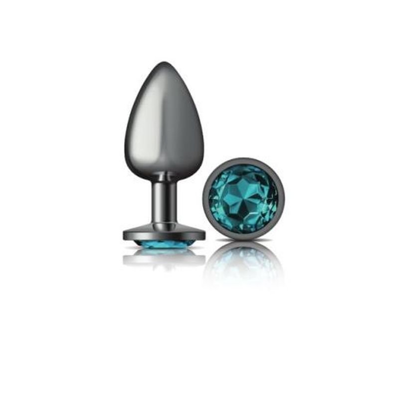 Cheeky Charms Gunmetal Round Butt Plug w Teal Jewel Large - Silk and Sin