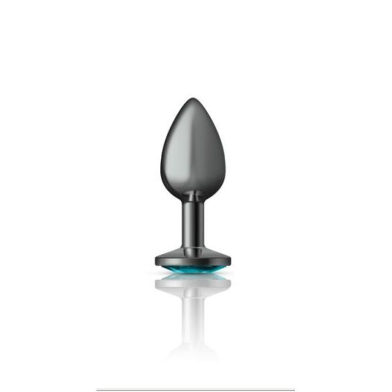 Cheeky Charms Gunmetal Round Butt Plug w Teal Jewel Small - Silk and Sin