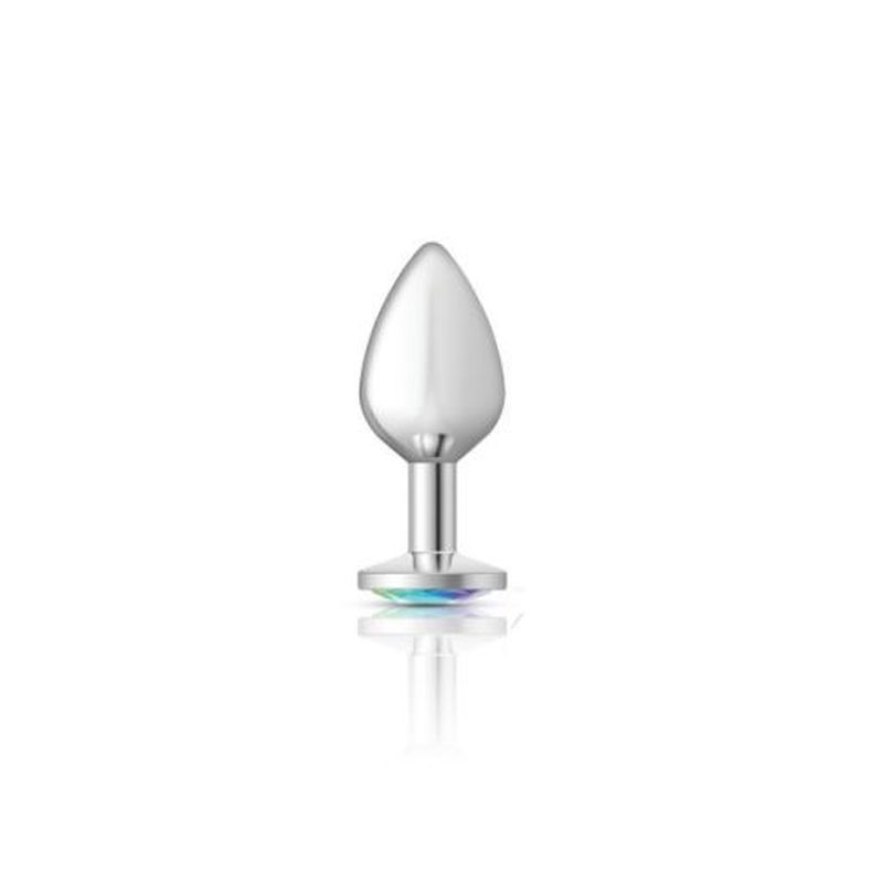Cheeky Charms Silver Round Butt Plug w Clear Iridescent Jewel Medium - Silk and Sin