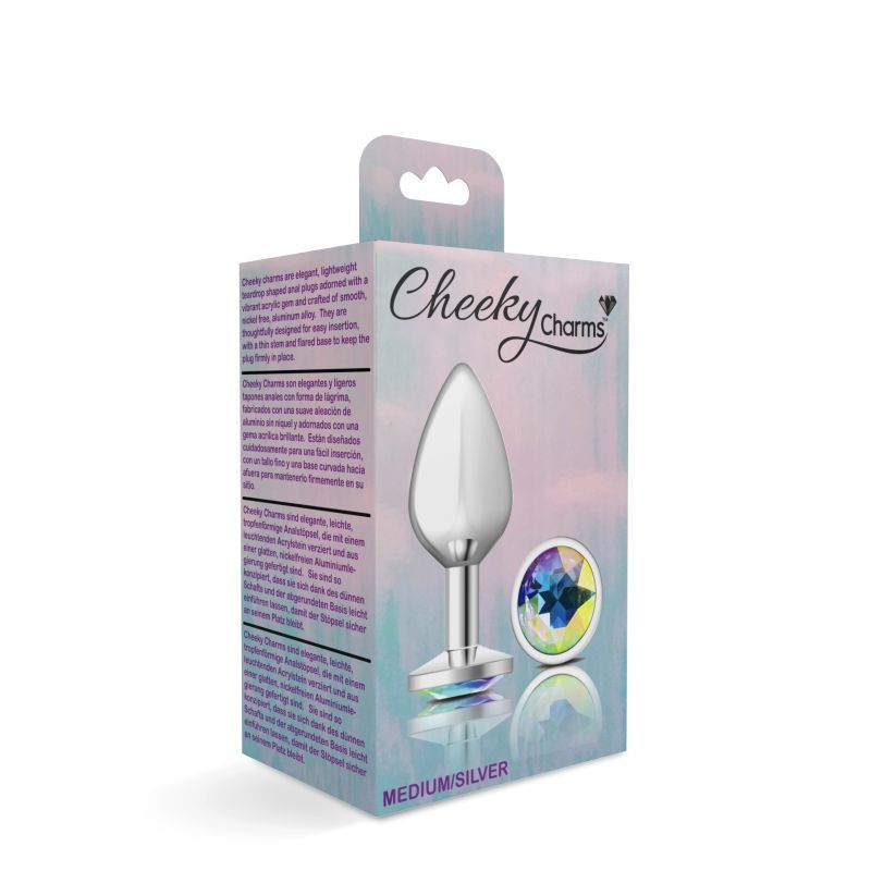 Cheeky Charms Silver Round Butt Plug w Clear Iridescent Jewel Medium - Silk and Sin