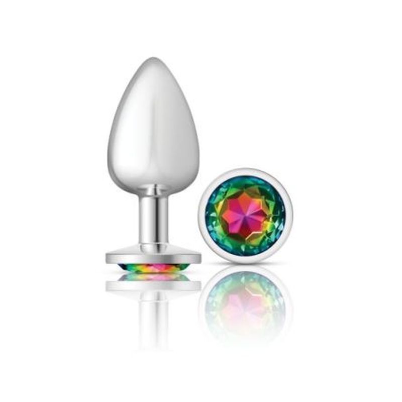 Cheeky Charms Silver Round Butt Plug w Rainbow Jewel Large - Silk and Sin