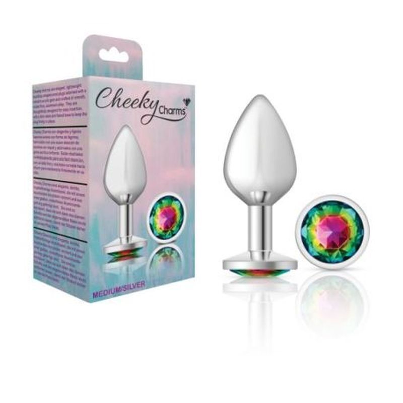Cheeky Charms Silver Round Butt Plug w Rainbow Jewel Medium - Silk and Sin