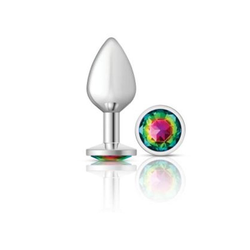 Cheeky Charms Silver Round Butt Plug w Rainbow Jewel Medium - Silk and Sin