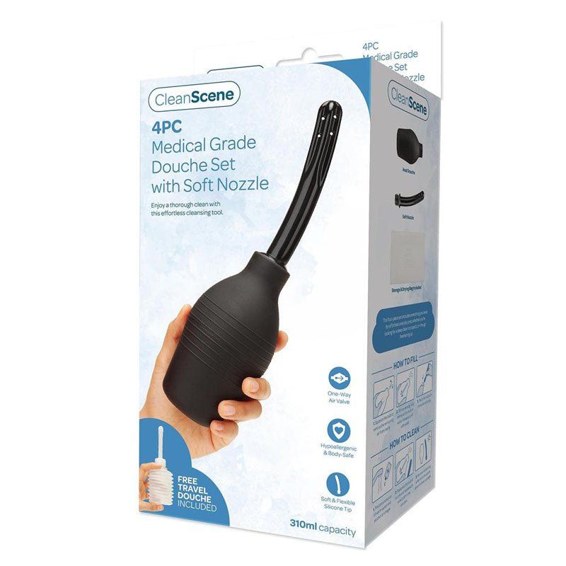 CleanScene 4 Piece Medical Grade Douche Set with Soft Nozzle - 310 ml Capacity with Free Travel Douche Included - Silk and Sin