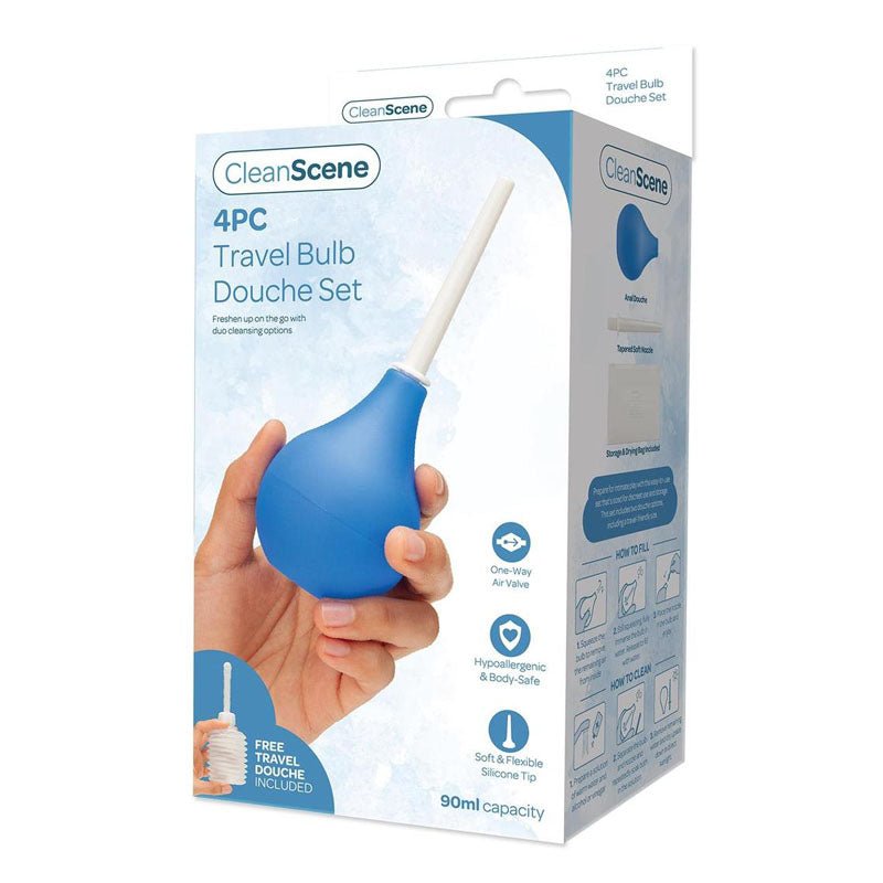 CleanScene 4 Piece Travel Bulb Douche Set - 90 ml Capacity with Bonus 150 ml Travel Douche - Silk and Sin