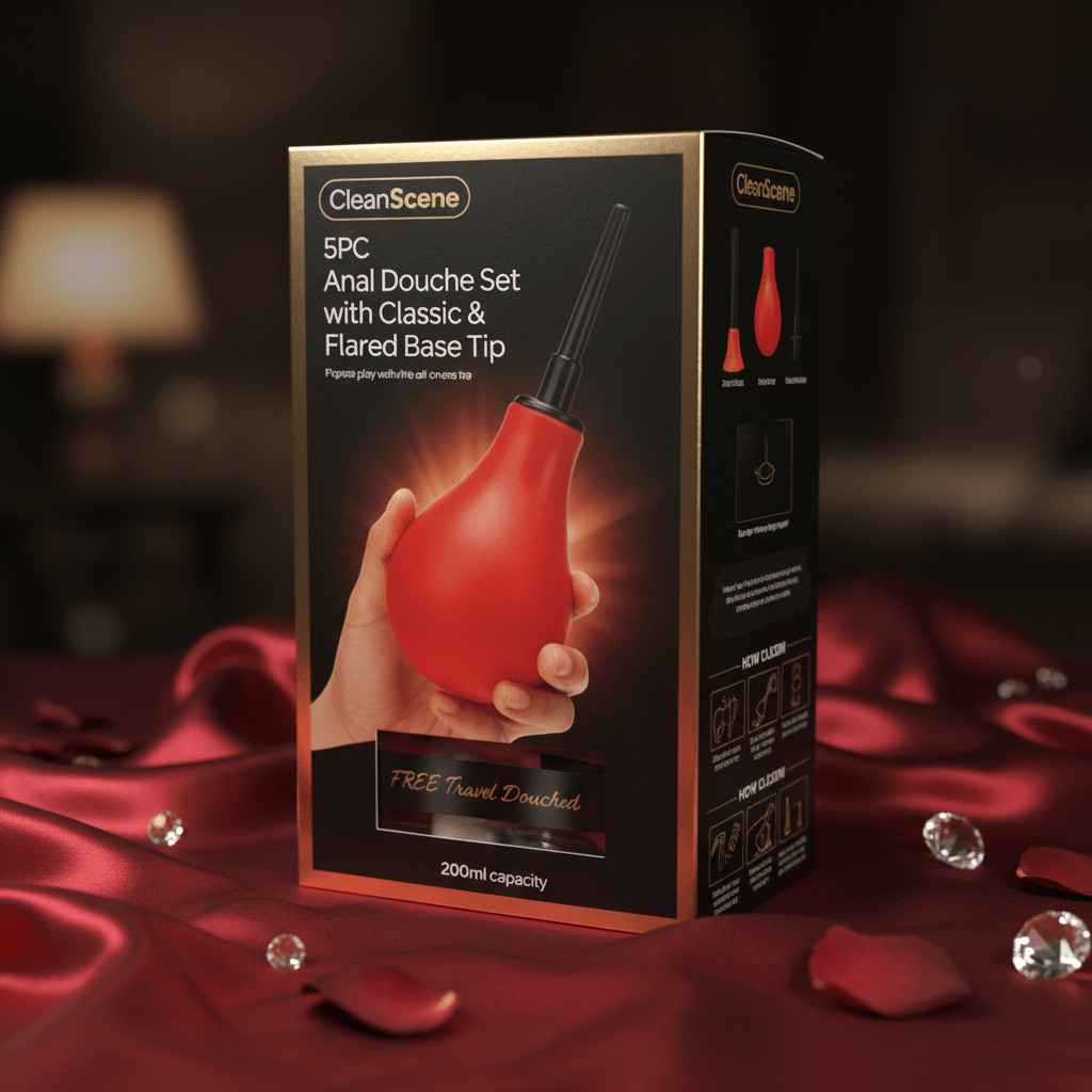 CleanScene 5 Piece Anal Douche Set with Classic & Flared Tips - 200 ml Capacity with Free Travel Douche Included - Silk and Sin