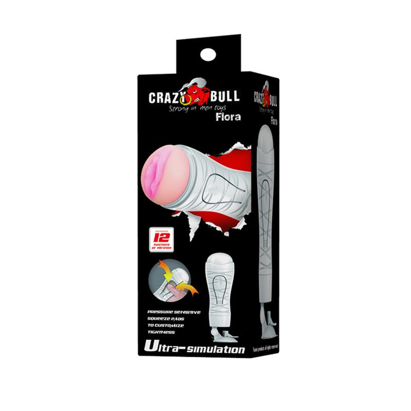 CRAZY BULL FLORA Vibrating Stroker - Flesh USB Rechargeable Vibrating Squeezeable Vagina Stroker with Suction Base - Silk and Sin