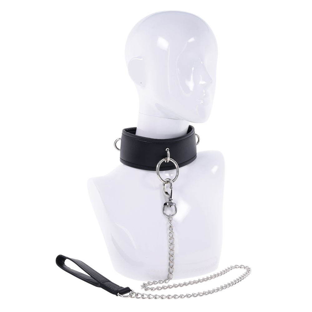 EDGE Collar & Leash - Black Neck Restraint with Heavy Duty Metal Leash - silkandsin