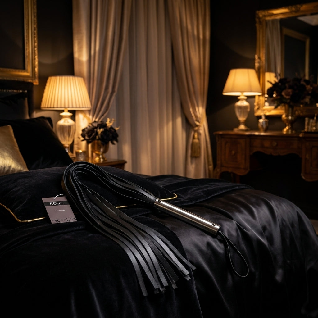 EDGE Flogger - Black Flogger Whip with Metal Handle - silkandsin