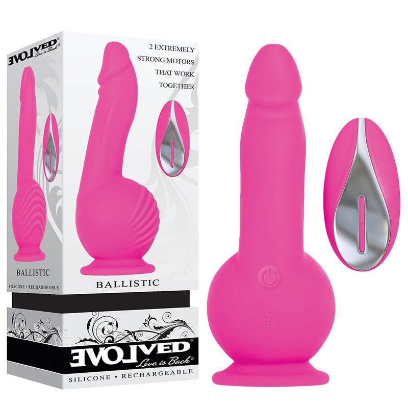 Evolved Ballistic - Pink 19 cm USB Rechargeable Vibrating Dong with Balls Motor & Remote - Silk and Sin