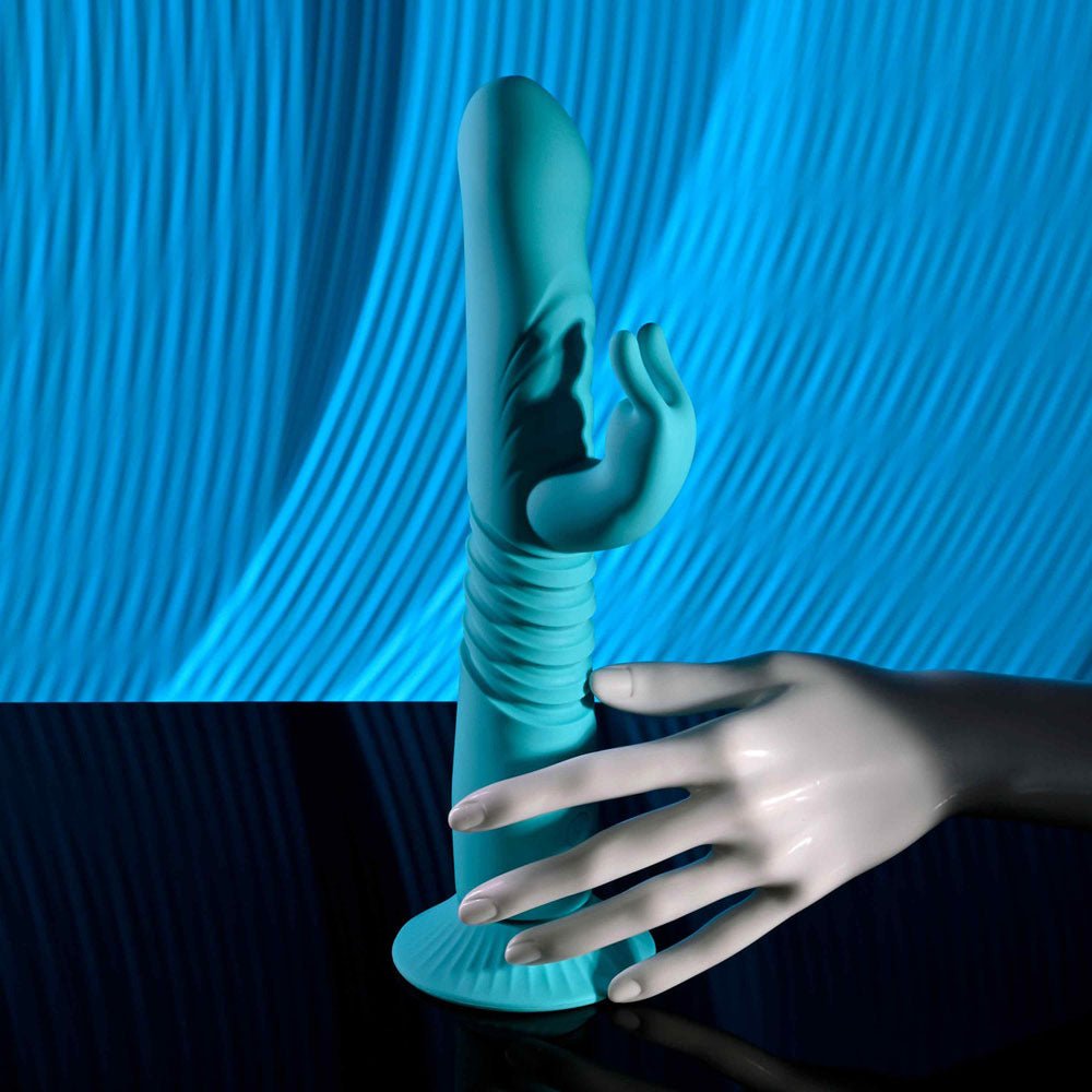Evolved BUNNY HOP - Teal 25.1 cm USB Rechargeable Thrusting Rabbit Vibrator with Suction Base - Silk and Sin