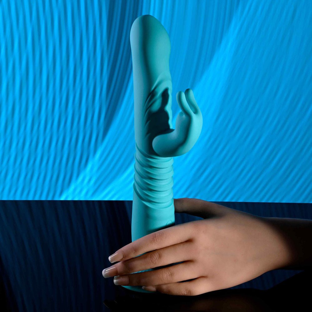 Evolved BUNNY HOP - Teal 25.1 cm USB Rechargeable Thrusting Rabbit Vibrator with Suction Base - Silk and Sin