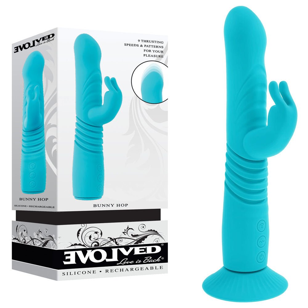 Evolved BUNNY HOP - Teal 25.1 cm USB Rechargeable Thrusting Rabbit Vibrator with Suction Base - Silk and Sin