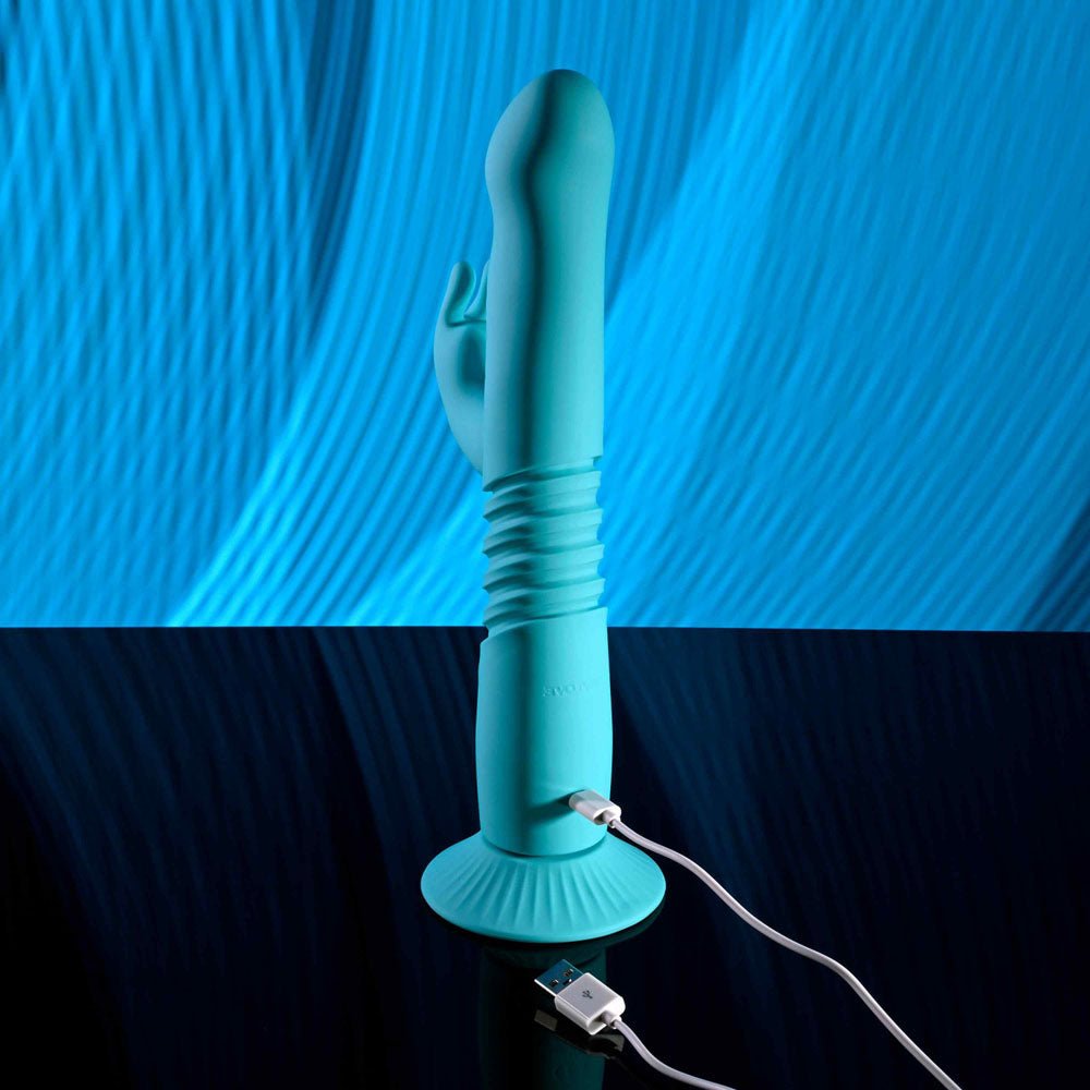 Evolved BUNNY HOP - Teal 25.1 cm USB Rechargeable Thrusting Rabbit Vibrator with Suction Base - Silk and Sin