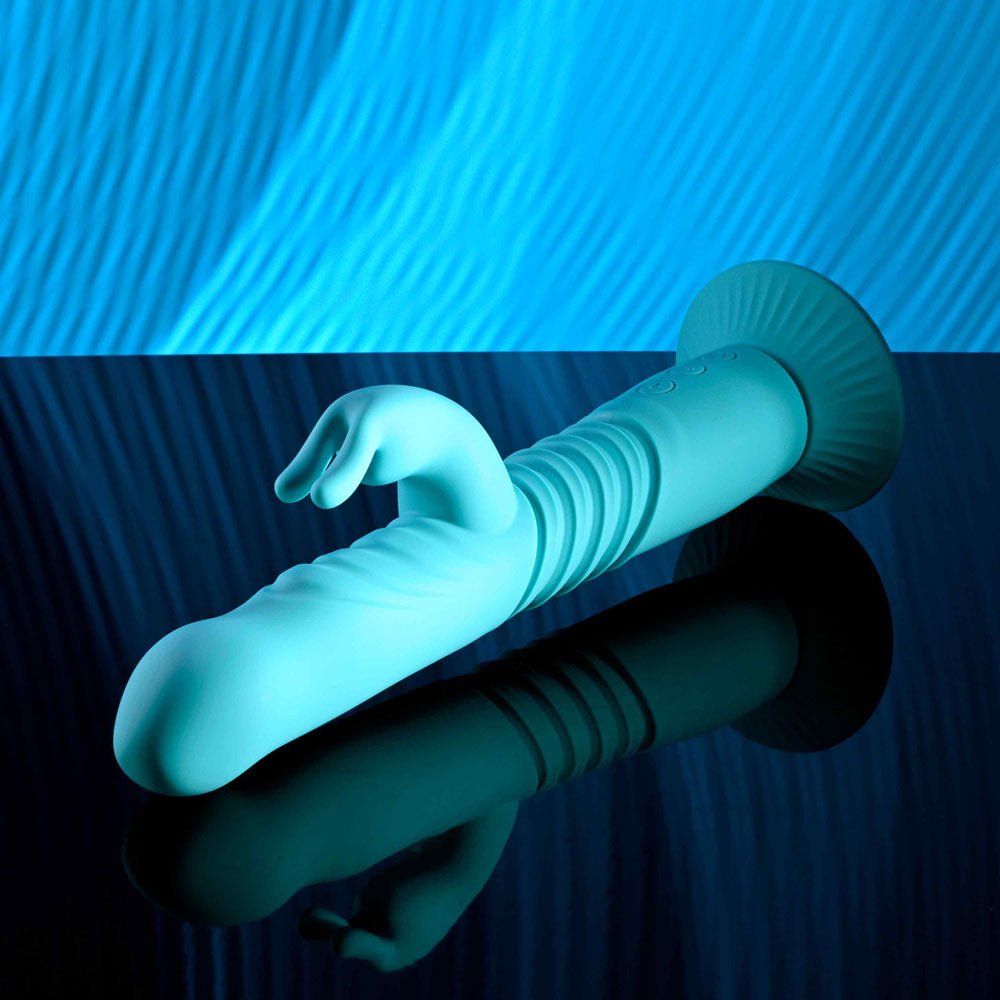 Evolved BUNNY HOP - Teal 25.1 cm USB Rechargeable Thrusting Rabbit Vibrator with Suction Base - Silk and Sin