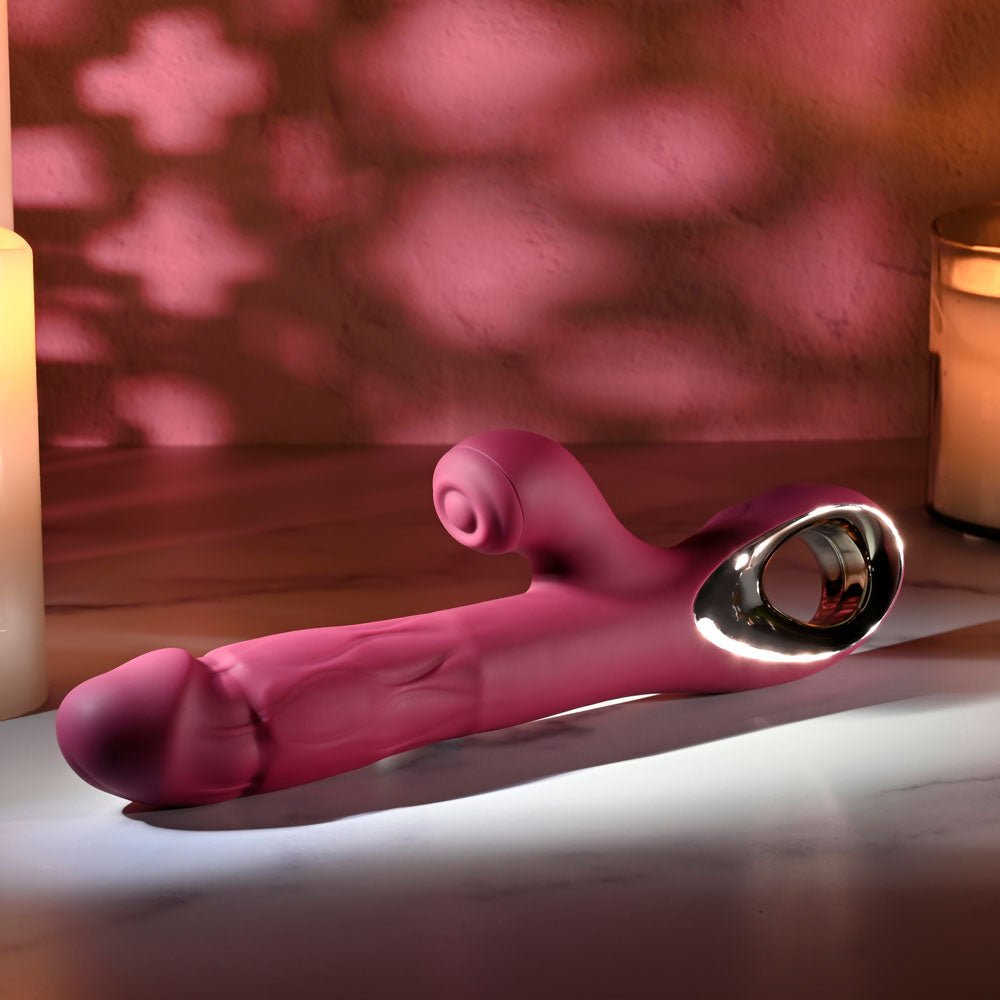 Evolved BURSTING WITH PLEASURE - Red 25.4 cm USB Rechargeable Vibrator with Tapping Clitoral Stimulator - Silk and Sin
