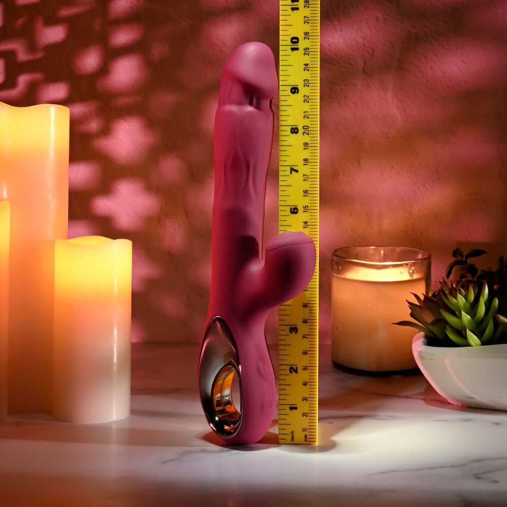 Evolved BURSTING WITH PLEASURE - Red 25.4 cm USB Rechargeable Vibrator with Tapping Clitoral Stimulator - Silk and Sin