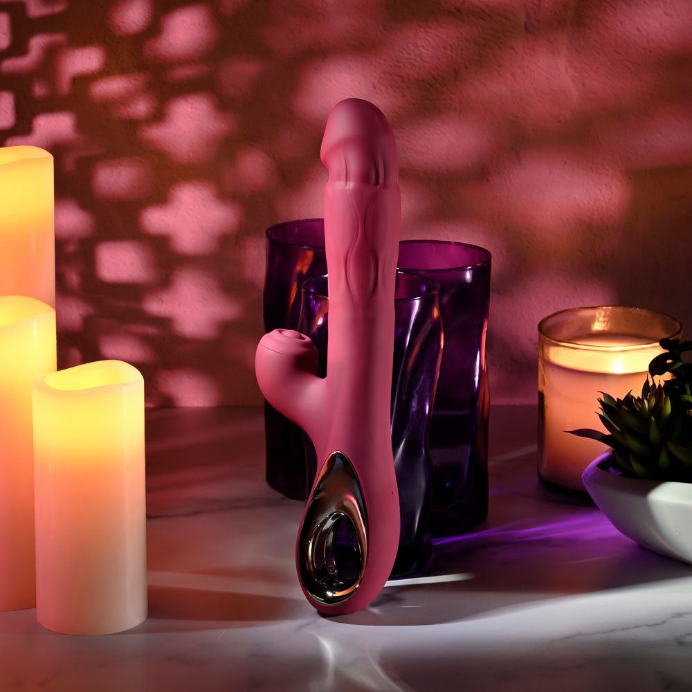 Evolved BURSTING WITH PLEASURE - Red 25.4 cm USB Rechargeable Vibrator with Tapping Clitoral Stimulator - Silk and Sin